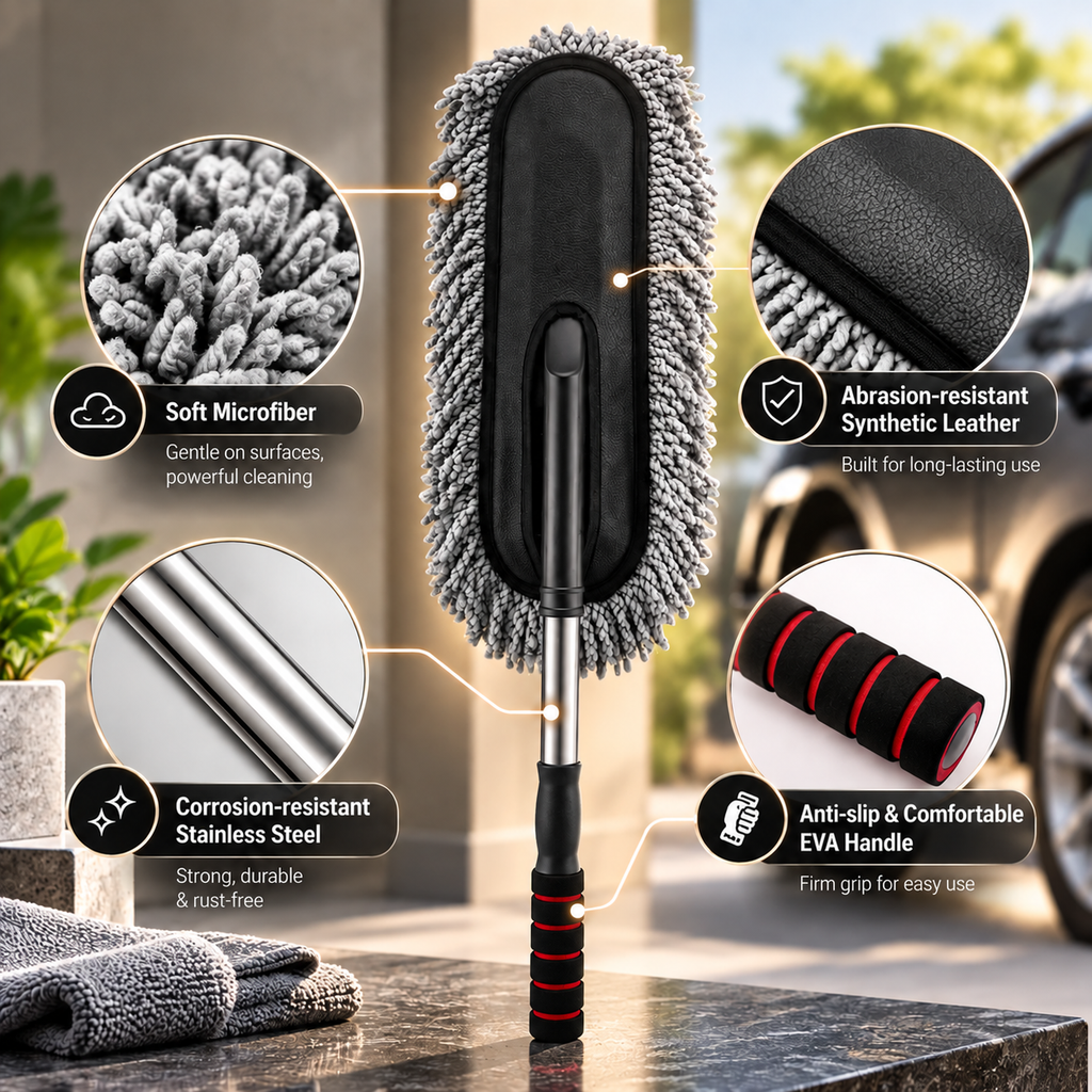 Car Duster Long Retractable Soft Non Slip Handle | Multipurpose Microfiber Wash Brush for Car & Home Cleaning