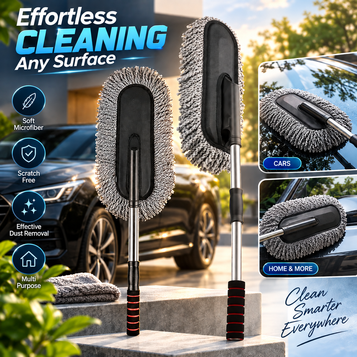Car Duster Long Retractable Soft Non Slip Handle | Multipurpose Microfiber Wash Brush for Car & Home Cleaning