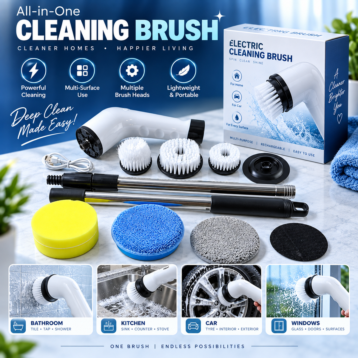 9 in 1 Electric Spin Scrubber (1 Set) | Powerful Cleaning, Less Effort