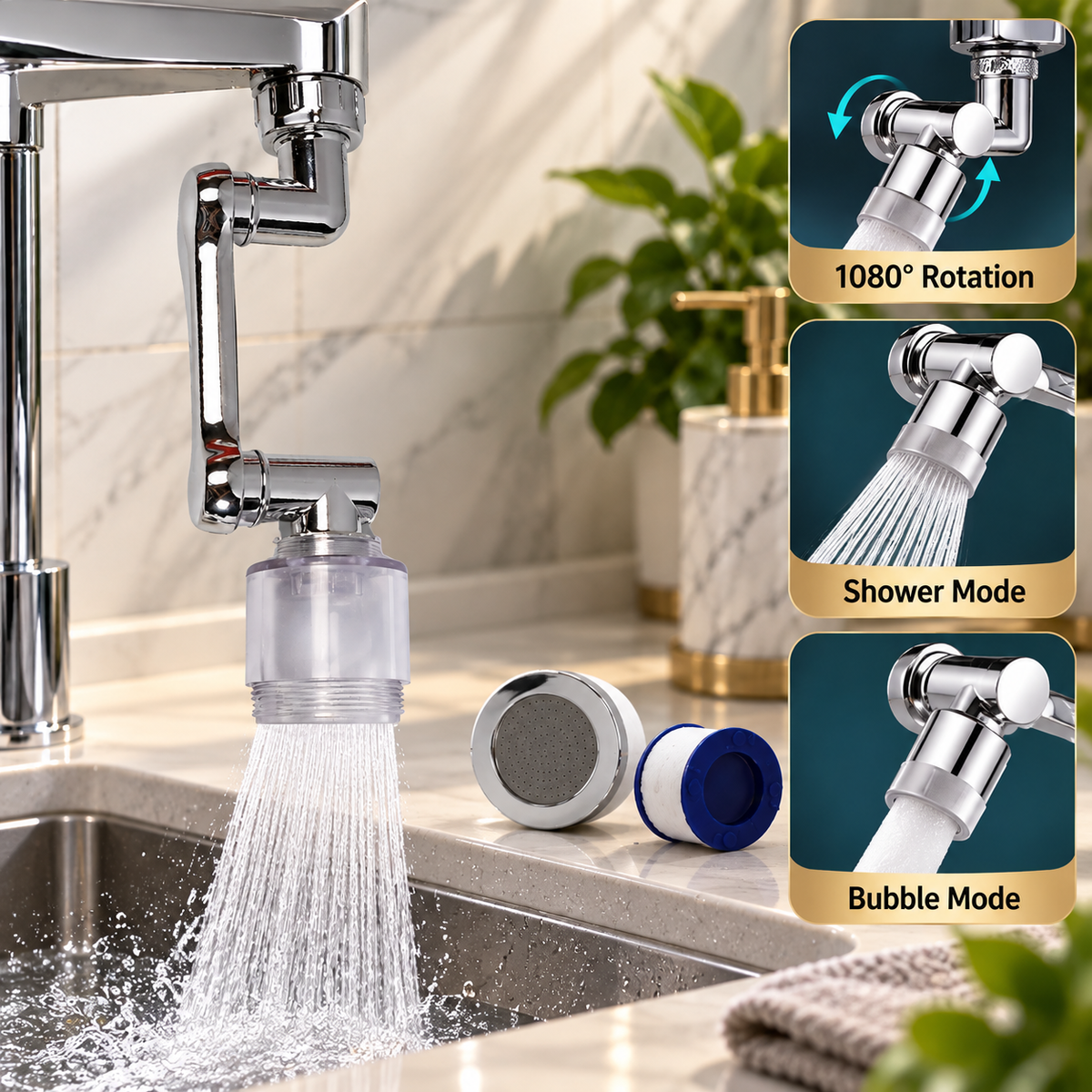 Splash Faucet Filter 1080° Rotating Faucet Sprayer Head | Movable Tap Water Saving Sink Aerator Extender for Bathroom & Kitchen