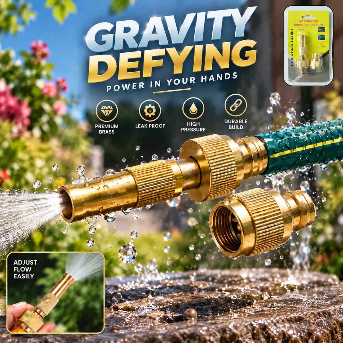 Heavy Duty Brass Garden Hose Spray Nozzle (1 Set) | Powerful Spray, Effortless Cleaning