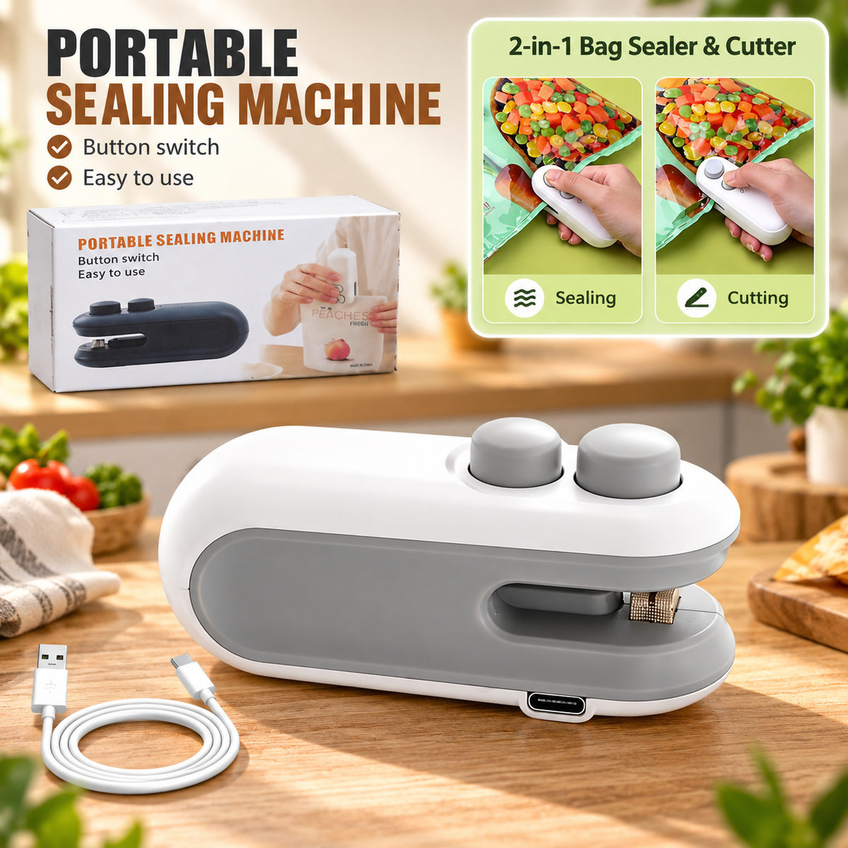 Mini Bag Sealer 2 in 1  Portable Heat Sealing & Cutting Machine for Snacks, Food Storage & Plastic Bags