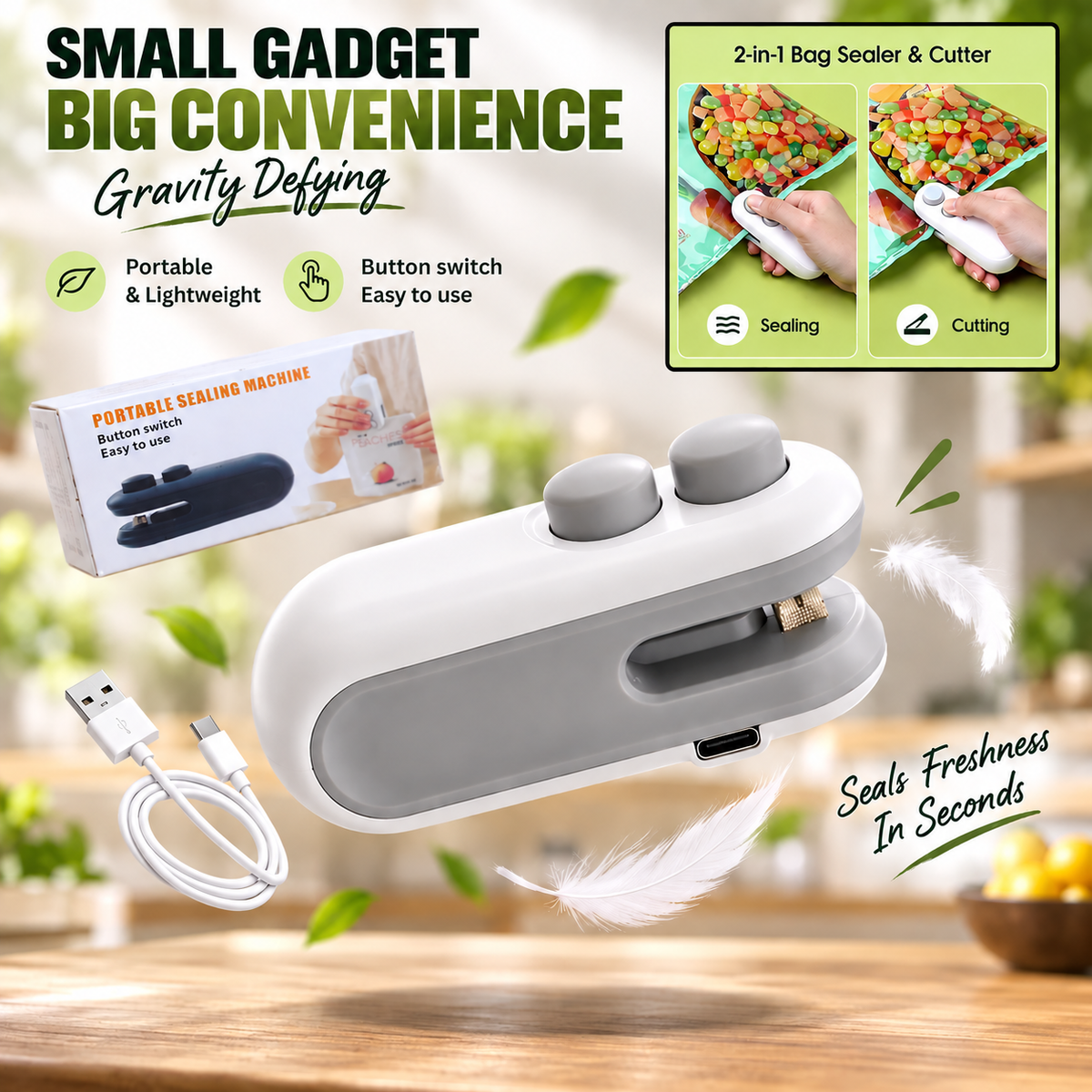 Mini Bag Sealer 2 in 1  Portable Heat Sealing & Cutting Machine for Snacks, Food Storage & Plastic Bags