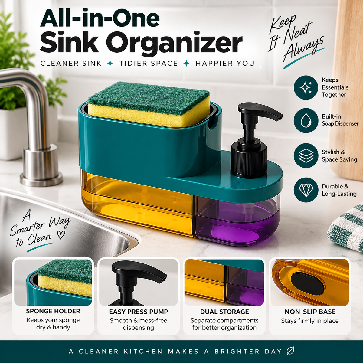 3 in 1 Soap Pump Dispenser for Kitchen | Liquid Dishwashing Soap Dispenser with Sponge Holder | Multipurpose Kitchen & Wash Basin Accessories | Premium Bathroom & Sink Organizer