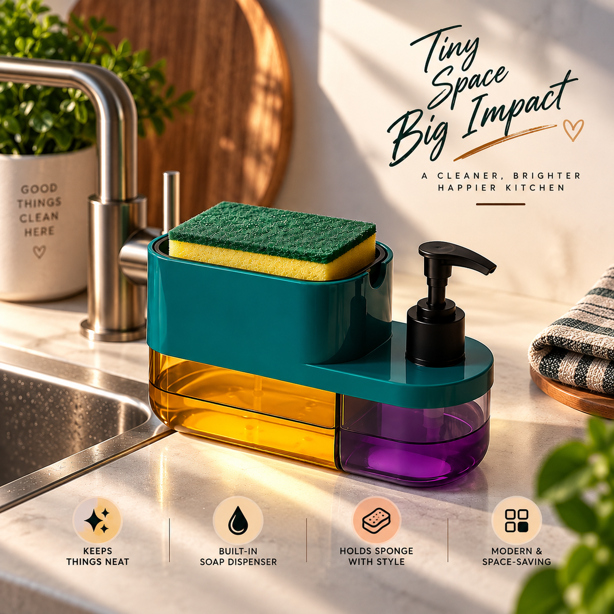 3 in 1 Soap Pump Dispenser for Kitchen | Liquid Dishwashing Soap Dispenser with Sponge Holder | Multipurpose Kitchen & Wash Basin Accessories | Premium Bathroom & Sink Organizer