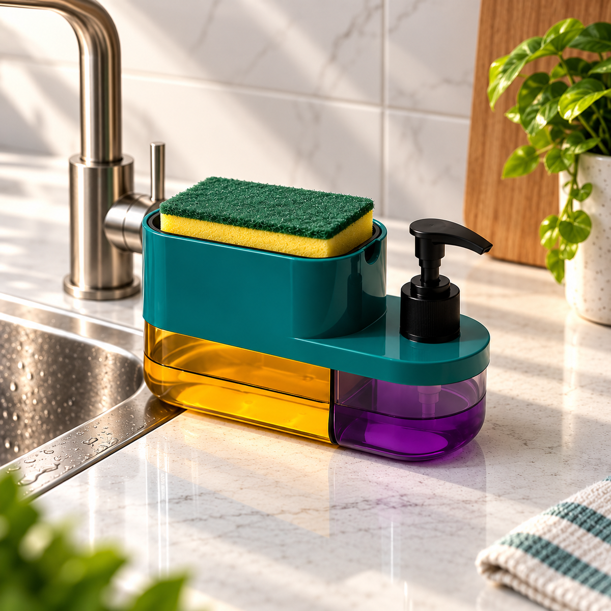 3 in 1 Soap Pump Dispenser for Kitchen | Liquid Dishwashing Soap Dispenser with Sponge Holder | Multipurpose Kitchen & Wash Basin Accessories | Premium Bathroom & Sink Organizer