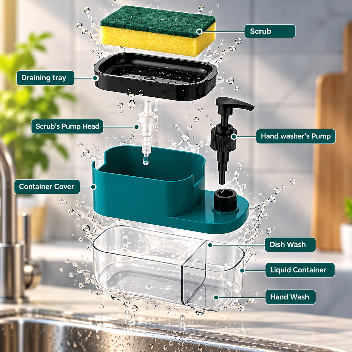 3 in 1 Soap Pump Dispenser for Kitchen | Liquid Dishwashing Soap Dispenser with Sponge Holder | Multipurpose Kitchen & Wash Basin Accessories | Premium Bathroom & Sink Organizer