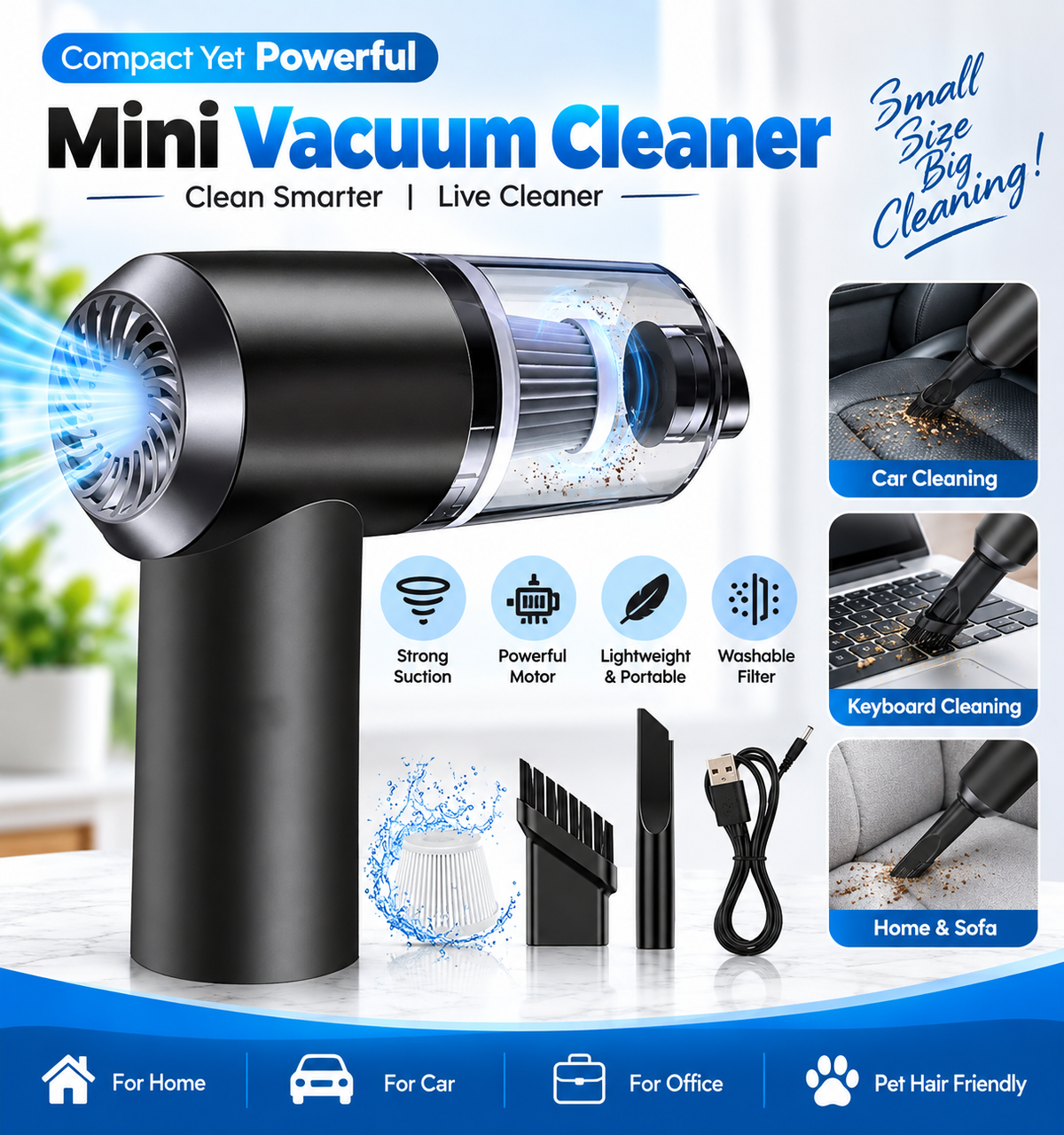 Vacuum Cleaner Dust Collection 2 In 1 | 120W High Power Wireless | Powerful Suction for Car, Home & Every Corner