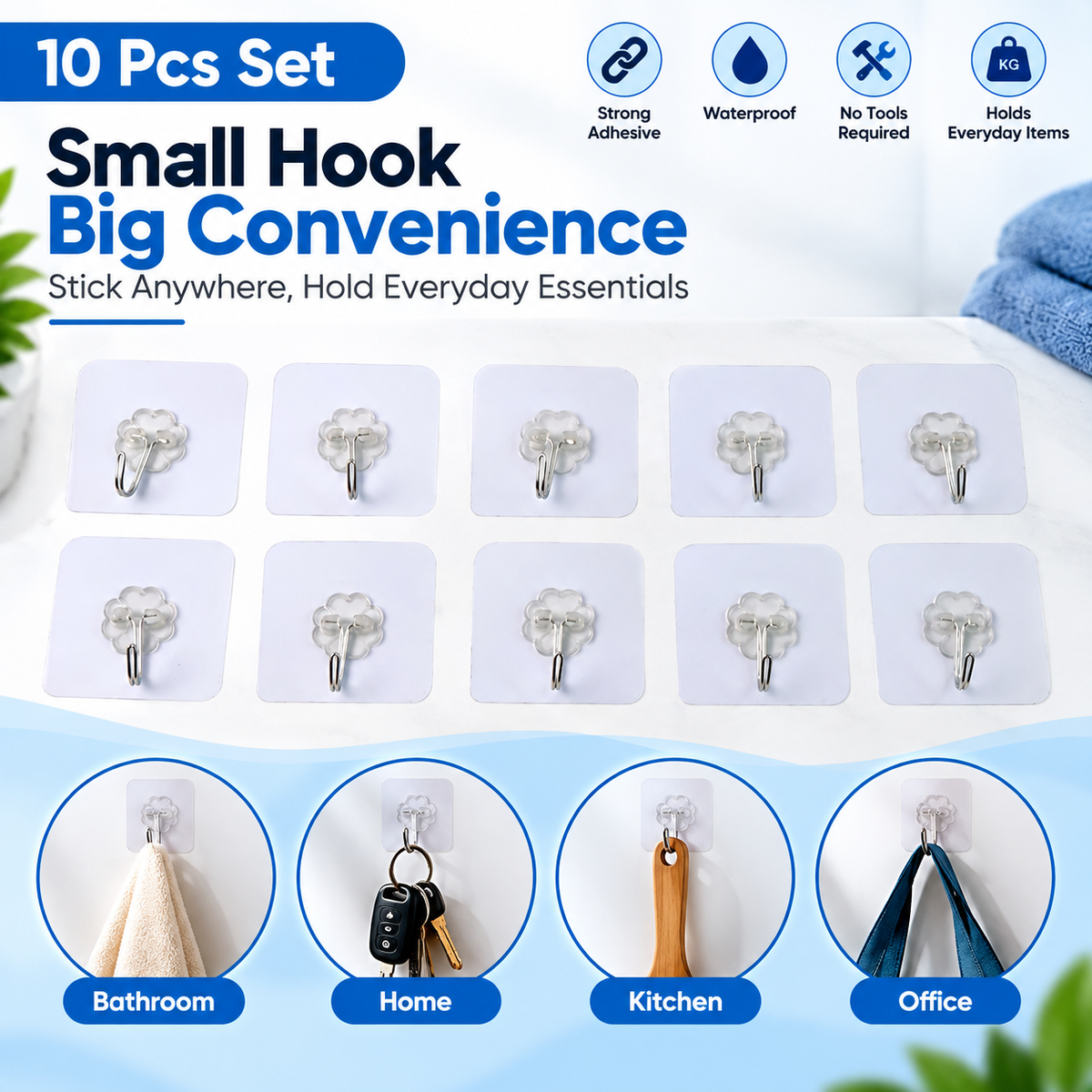 Heavy Duty Flower Adhesive Wall Hooks (10 Pc Set) | No Drill, No Hassle