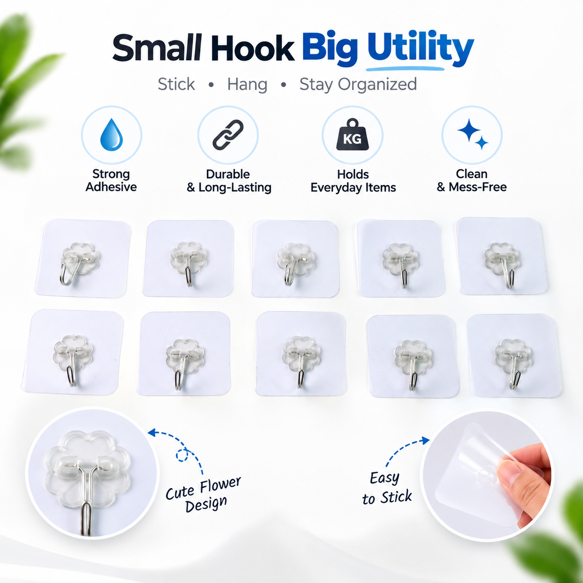 Heavy Duty Flower Adhesive Wall Hooks (10 Pc Set) | No Drill, No Hassle