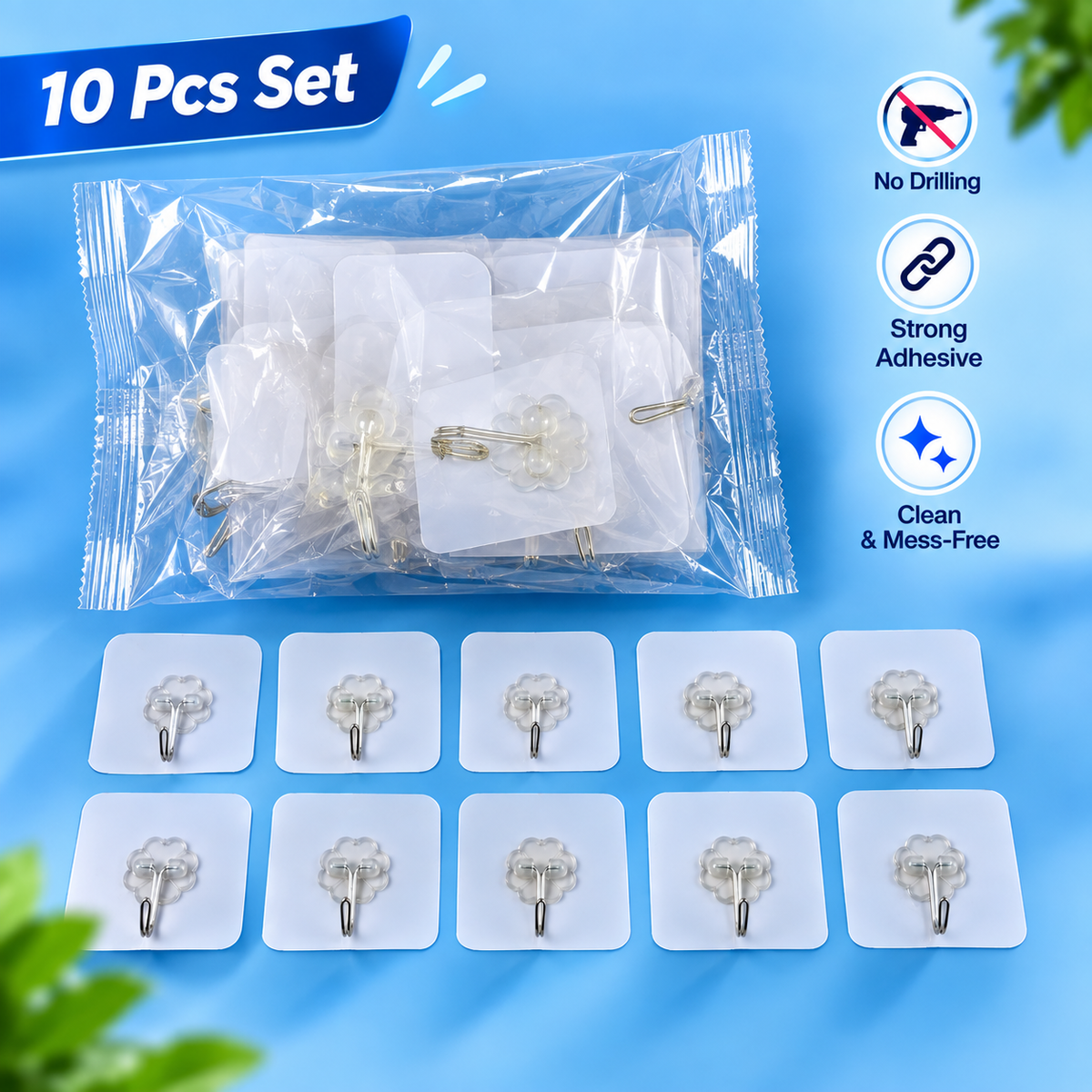 Heavy Duty Flower Adhesive Wall Hooks (10 Pc Set) | No Drill, No Hassle